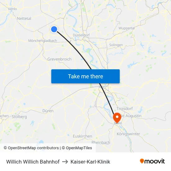 Willich Willich Bahnhof to Kaiser-Karl-Klinik map