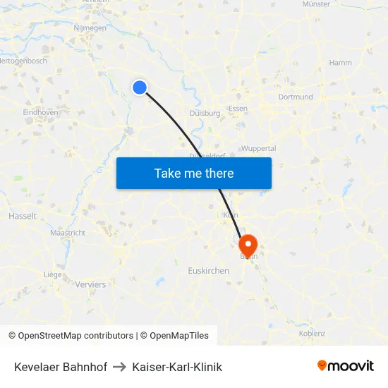 Kevelaer Bahnhof to Kaiser-Karl-Klinik map
