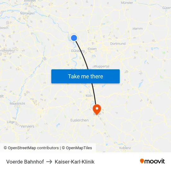 Voerde Bahnhof to Kaiser-Karl-Klinik map
