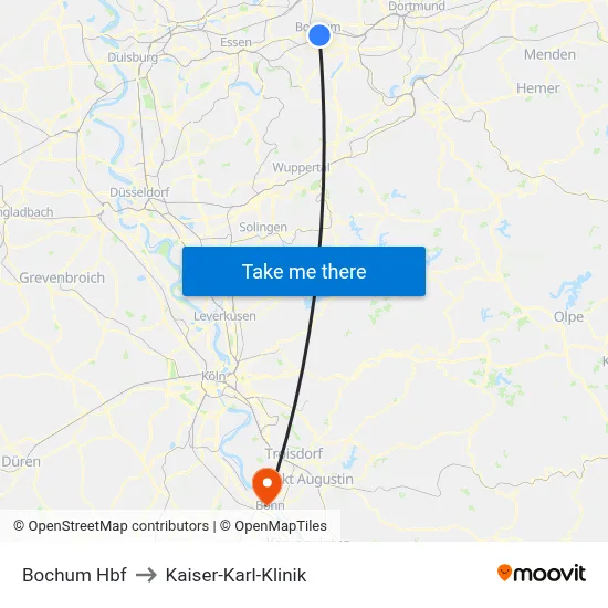 Bochum Hbf to Kaiser-Karl-Klinik map