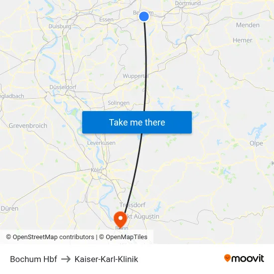 Bochum Hbf to Kaiser-Karl-Klinik map