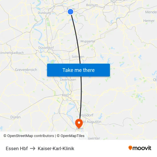 Essen Hbf to Kaiser-Karl-Klinik map