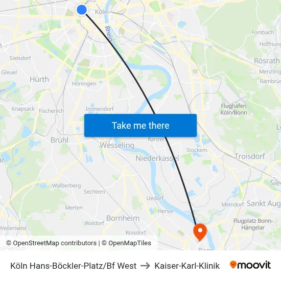 Köln Hans-Böckler-Platz/Bf West to Kaiser-Karl-Klinik map