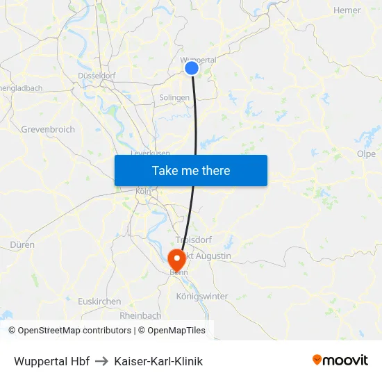 Wuppertal Hbf to Kaiser-Karl-Klinik map