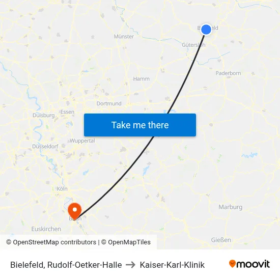 Bielefeld, Rudolf-Oetker-Halle to Kaiser-Karl-Klinik map