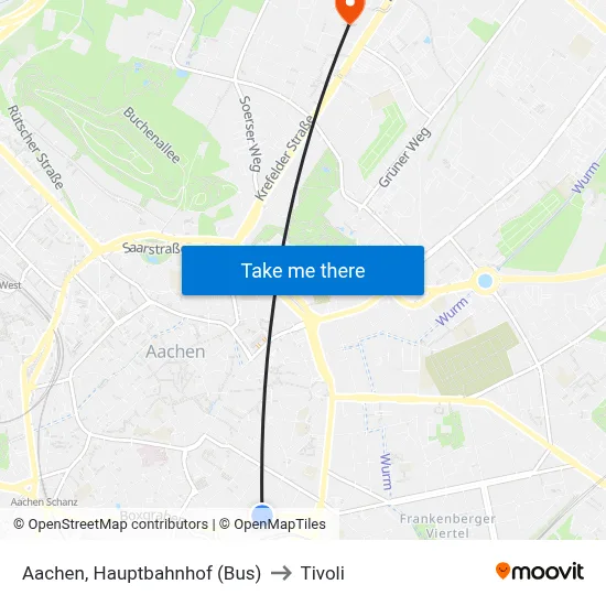 Aachen, Hauptbahnhof (Bus) to Tivoli map