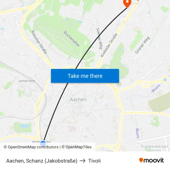 Aachen, Schanz (Jakobstraße) to Tivoli map