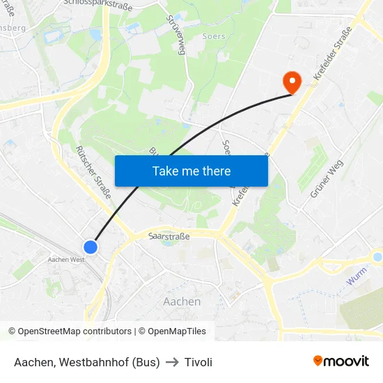 Aachen, Westbahnhof (Bus) to Tivoli map