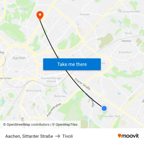Aachen, Sittarder Straße to Tivoli map