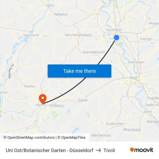 Uni Ost/Botanischer Garten - Düsseldorf to Tivoli map