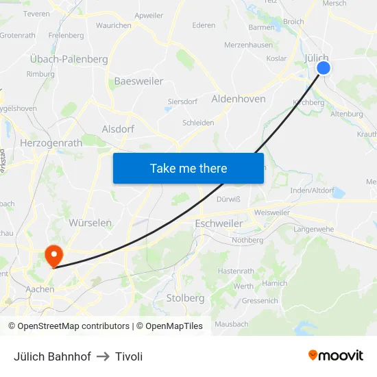 Jülich Bahnhof to Tivoli map