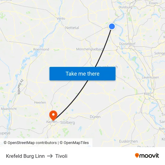 Krefeld Burg Linn to Tivoli map