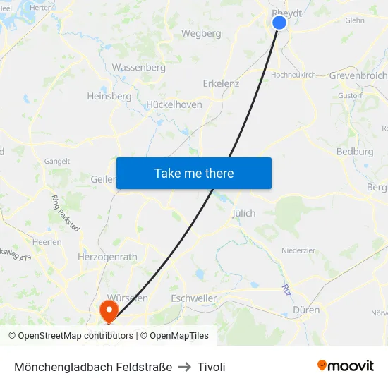 Mönchengladbach Feldstraße to Tivoli map