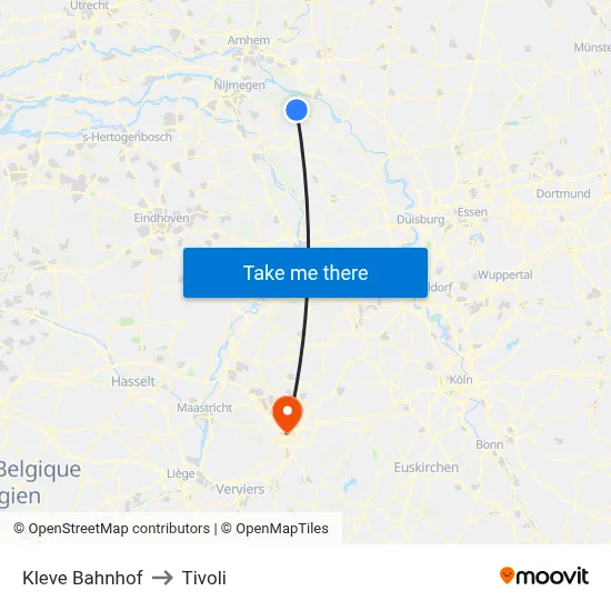 Kleve Bahnhof to Tivoli map