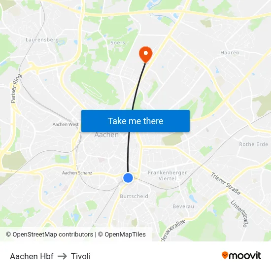 Aachen Hbf to Tivoli map
