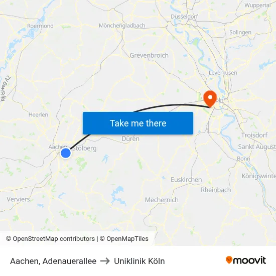 Aachen, Adenauerallee to Uniklinik Köln map