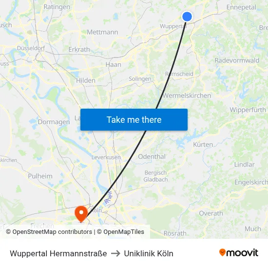 Wuppertal Hermannstraße to Uniklinik Köln map
