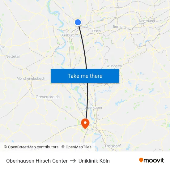 Oberhausen Hirsch-Center to Uniklinik Köln map