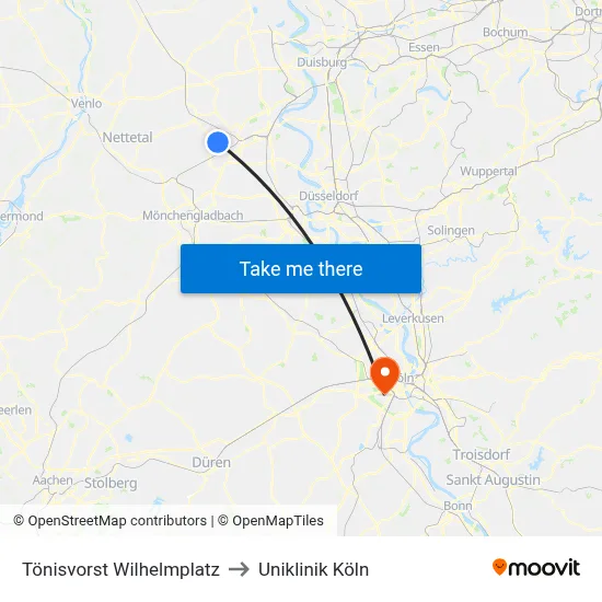 Tönisvorst Wilhelmplatz to Uniklinik Köln map