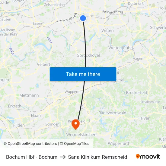 Bochum Hbf - Bochum to Sana Klinikum Remscheid map