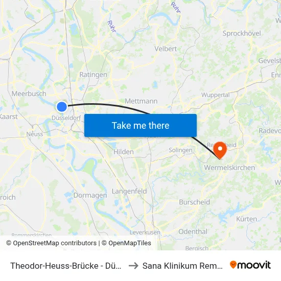 Theodor-Heuss-Brücke - Düsseldorf to Sana Klinikum Remscheid map