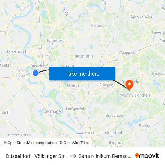 Düsseldorf - Völklinger Str. (S) to Sana Klinikum Remscheid map
