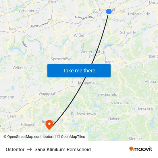 Ostentor to Sana Klinikum Remscheid map