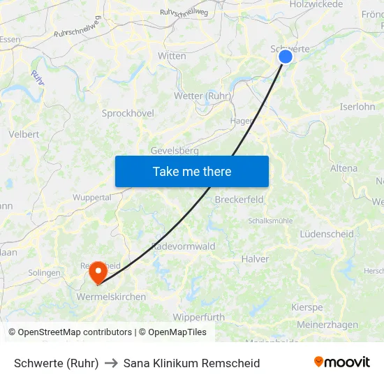 Schwerte (Ruhr) to Sana Klinikum Remscheid map
