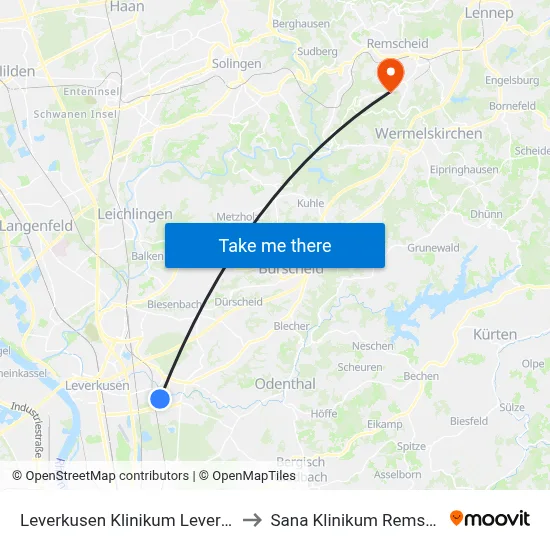 Leverkusen Klinikum Leverkusen to Sana Klinikum Remscheid map