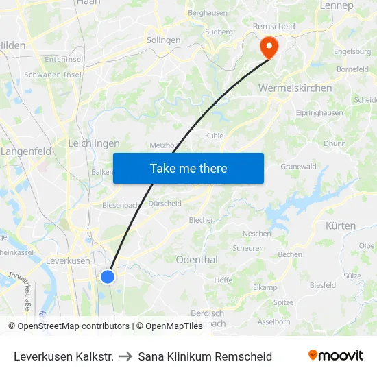 Leverkusen Kalkstr. to Sana Klinikum Remscheid map