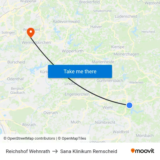 Reichshof Wehnrath to Sana Klinikum Remscheid map