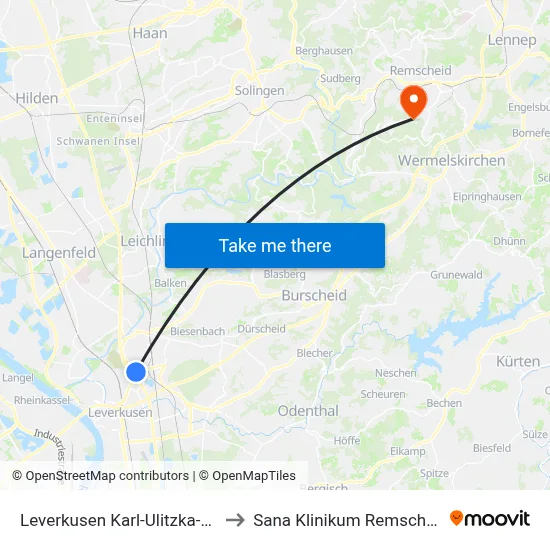 Leverkusen Karl-Ulitzka-Str. to Sana Klinikum Remscheid map