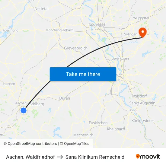 Aachen, Waldfriedhof to Sana Klinikum Remscheid map