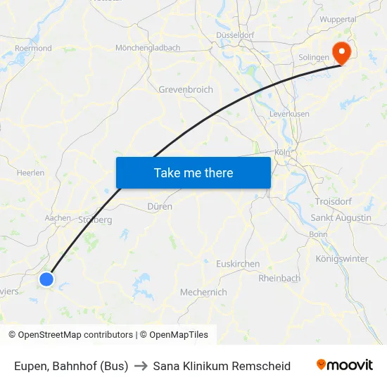 Eupen, Bahnhof (Bus) to Sana Klinikum Remscheid map