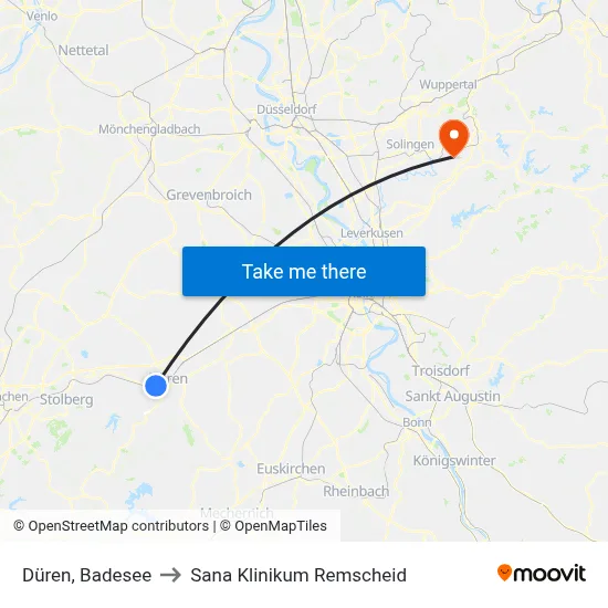 Düren, Badesee to Sana Klinikum Remscheid map