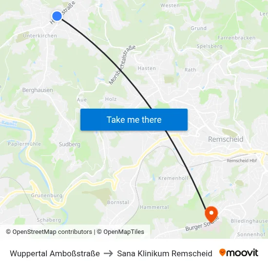 Wuppertal Amboßstraße to Sana Klinikum Remscheid map