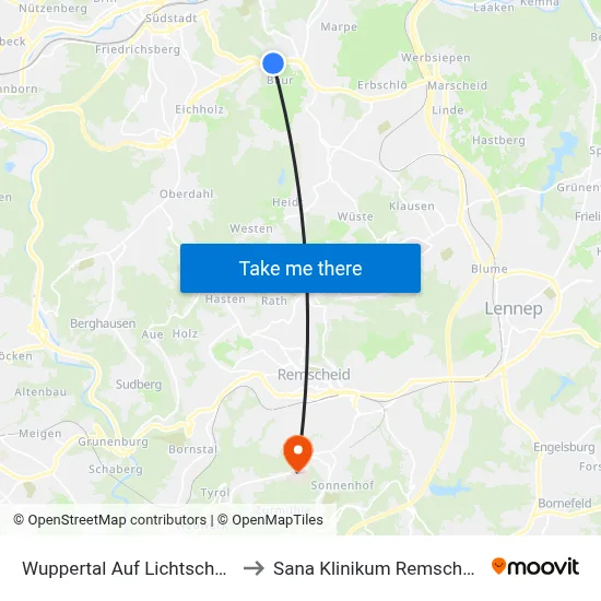 Wuppertal Auf Lichtscheid to Sana Klinikum Remscheid map