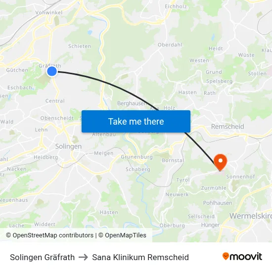 Solingen Gräfrath to Sana Klinikum Remscheid map
