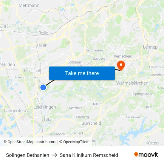 Solingen Bethanien to Sana Klinikum Remscheid map