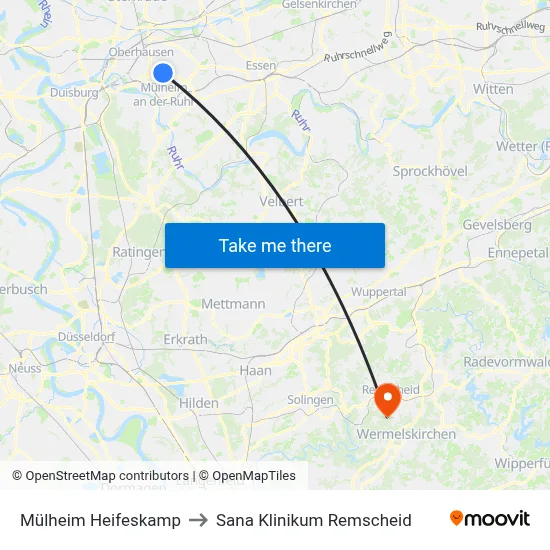 Mülheim Heifeskamp to Sana Klinikum Remscheid map