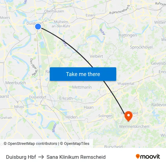 Duisburg Hbf to Sana Klinikum Remscheid map