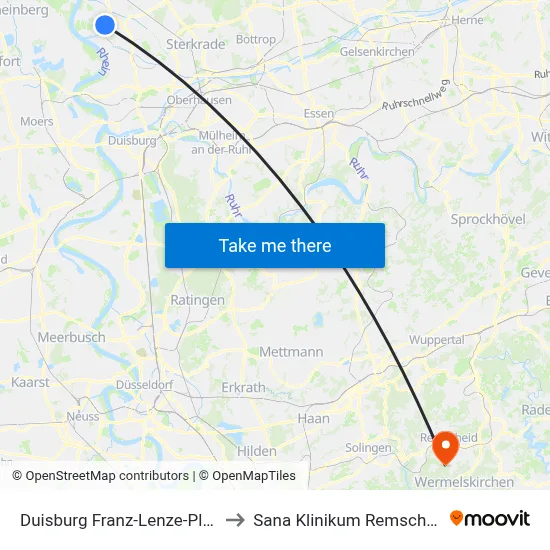 Duisburg Franz-Lenze-Platz to Sana Klinikum Remscheid map