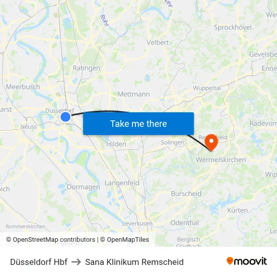 Düsseldorf Hbf to Sana Klinikum Remscheid map