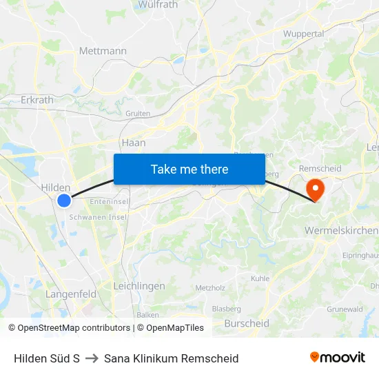 Hilden Süd S to Sana Klinikum Remscheid map