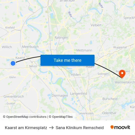 Kaarst am Kirmesplatz to Sana Klinikum Remscheid map