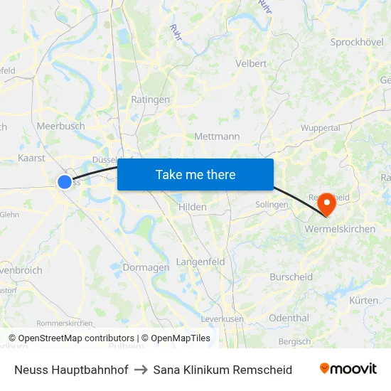 Neuss Hauptbahnhof to Sana Klinikum Remscheid map