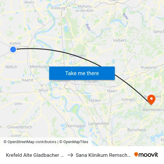 Krefeld Alte Gladbacher Str. to Sana Klinikum Remscheid map
