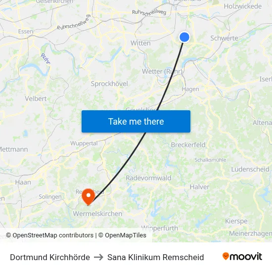 Dortmund Kirchhörde to Sana Klinikum Remscheid map