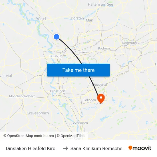 Dinslaken Hiesfeld Kirche to Sana Klinikum Remscheid map