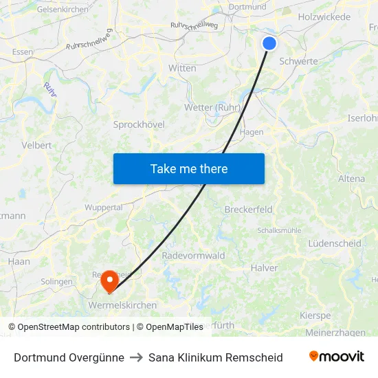 Dortmund Overgünne to Sana Klinikum Remscheid map